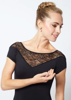 Move Dance Alana Cap Sleeve Lace Leotard -Dance Costume Store MOL0625 BLK CLOSE UP FRONT 1 03232.1678884175