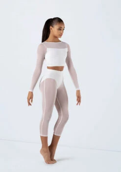 Weissman Long Sleeve Crop Top With Mesh -Dance Costume Store SM13070 white SM12238 white 8234 62448.1698840530