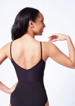 Mirella Camisole Chevron Rib Panel Leotard -Dance Costume Store mim4043lm black close up back 58070.1679927450