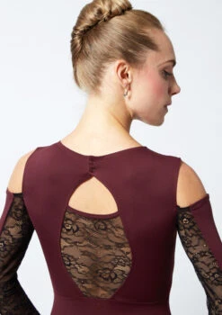 Move Dance Arabel Cold Shoulder Long Sleeve Lace Leotard -Dance Costume Store mo l0622 move dance arabel cold shoulder long sleeve lace leotard purple back no1 82953.1678884161