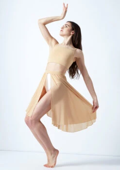 Move Dance Eris Asymmetric Lyrical Half Skirt -Dance Costume Store mo r0020 move dance eris asymmetric lyrical half skirt tan front no1 89210.1678884614