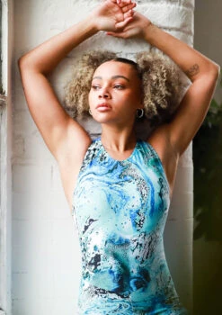 Move Dance Onyx Cross Back Unitard - Pacific -Dance Costume Store moc0901 pac close up front 2 24081.1678928435