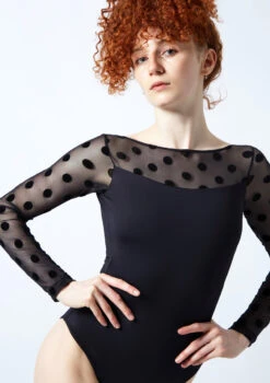 Move Dance Estelle Long Sleeve Leotard -Dance Costume Store mol0663 black close up front 1 91733.1678884292