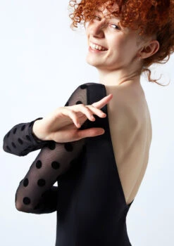 Move Dance Estelle Long Sleeve Leotard -Dance Costume Store mol0663 black close up front 2 40710.1678884292