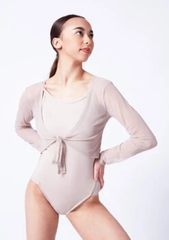 Move Dance Bella Mesh Tie Front Top -Dance Costume Store moz0040 latte close up front 85460.1681806980