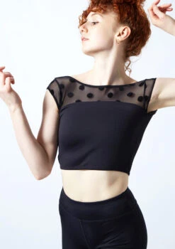 Move Dance Joelle Cap Sleeve Crop Top -Dance Costume Store moz0623 black close up front 1 56244.1692921489