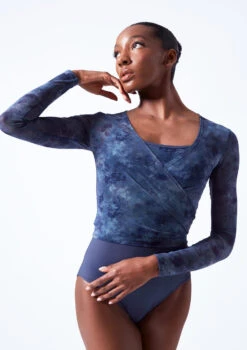 Move Dance Nayu Mesh Wrap Top -Dance Costume Store moz0627 petrol blue close up front 58134.1683070482