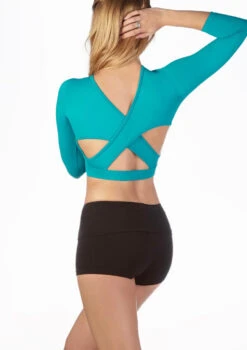 So Danca 3/4 Sleeve Cross Back Dance Crop Top -Dance Costume Store so e11114 so danca 3 4 sleeve cross back dance crop top blue back thumbnail T 84436.1698810713