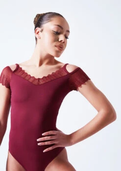 So Danca Lace Cold Shoulder Leotard -Dance Costume Store sorde 1649 red close up front 19932.1678885861